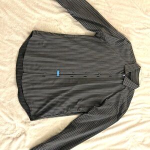Button-down shirt. Zachary-Prell brand. Gray shirt with white/blue stripes